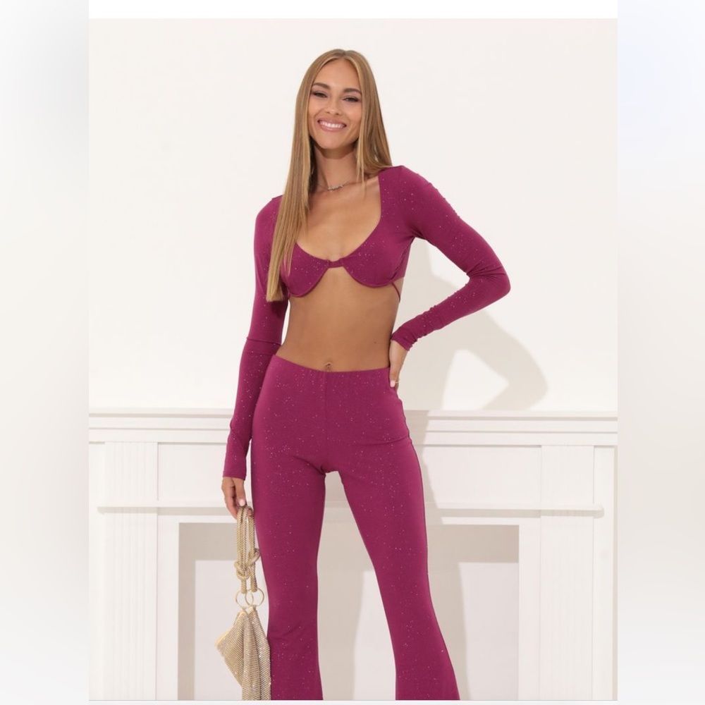 Theresa Glitter Two Pice Pant Set in Mauve